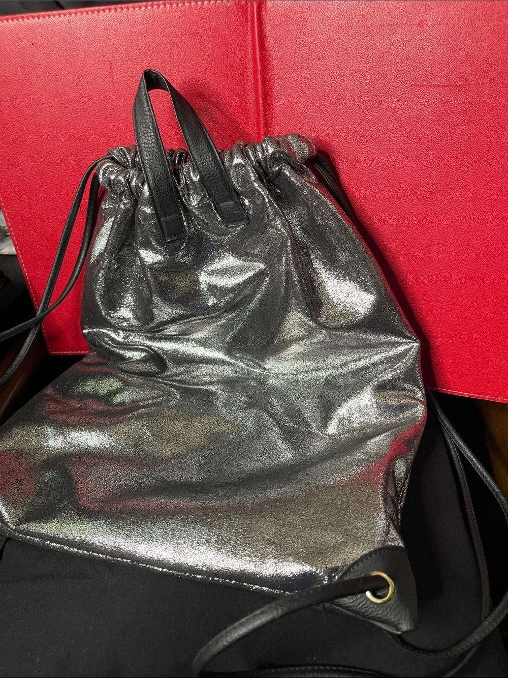 Metallic Silver Drawstring Women’s Backpack (16.5x 14)